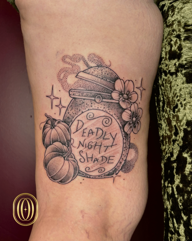 Custom creative tattoo design on skin, expertly executed by Amber from Moonchild.