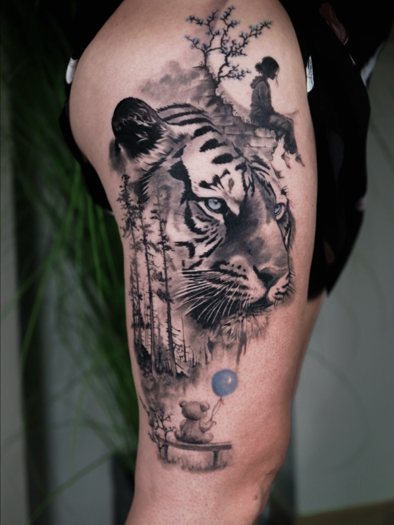 Detailed black and grey tattoo work featuring smooth gradients by Alex from Artlex.