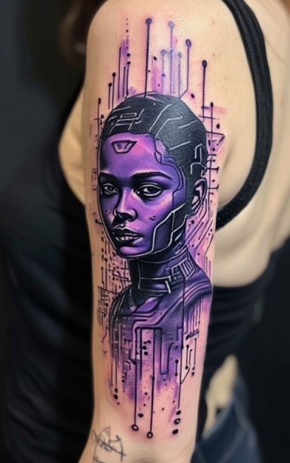 Een gedetailleerde paarse tattoo op een bovenarm van een vrouwelijk personage met cyborg-kenmerken. Het portret is verweven met abstracte technische lijnen en digitale elementen, uitgevoerd in een unieke paars-zwarte kleurstelling. Vakmanschap van Olivier (olivier.barre.108) tijdens de Sint-Niklaas Tattoo Expo.