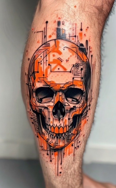 Een opvallende tattoo op een onderbeen van een menselijke schedel in een grafische Cyberpunk-stijl. Het ontwerp is opgebouwd uit zwarte technische lijnen die doen denken aan een printplaat, geaccentueerd met felle oranje kleurvlakken en inktspatten. Gezet door Olivier van olivier.barre.108 op de Sint-Niklaas Tattoo Expo.