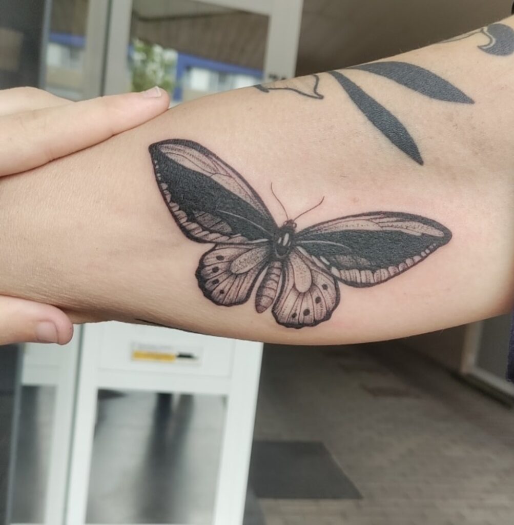Een verfijnde vlinder-tattoo op de binnenkant van een bovenarm. Het ontwerp combineert diepzwarte vlakken met gedetailleerde vleugelpatronen in een illustratieve stijl. Gezet door Nika (Unpunktual Tattoo) op de Sint-Niklaas Tattoo Expo.