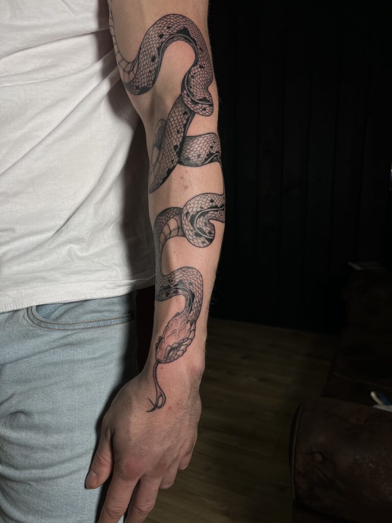 Een indrukwekkende black and grey tattoo van een slang die zich rond de onderarm kronkelt. De slang is voorzien van gedetailleerde schubpatronen en schaduwwerk, eindigend op de rug van de hand. Werk van Amber (Vortex Tattoo) op de Sint-Niklaas Tattoo Expo.