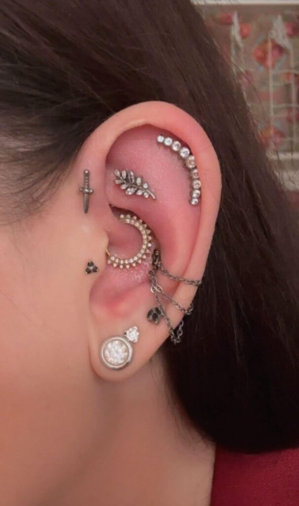 "Een compleet gecureerd oor met diverse piercings in zilverkleur en kristal. De collectie bevat onder andere een faux rook met een takje, een daith-ring bezet met steentjes, een helix met een kristallen boogje, en een tragus met een klein dolkje. Werk van Jolene (Piercexpression) op de Sint-Niklaas Tattoo Expo.
