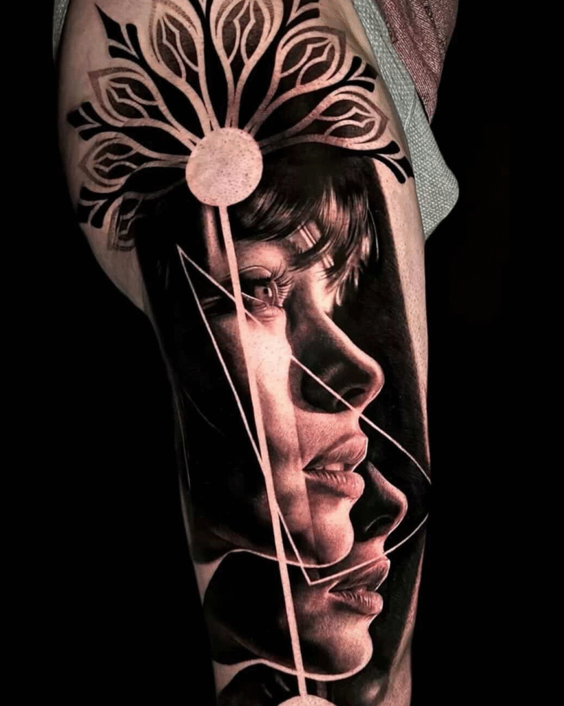 Een grootschalige tattoo op een bovenbeen die twee vrouwelijke profielen in black and grey combineert. De gezichten zijn verweven met strakke witte lijnen en worden bekroond door een grote, gedetailleerde mandala die de vorm van de heup volgt. Gezet door Nikki Van Trappen op de Sint-Niklaas Tattoo Expo.