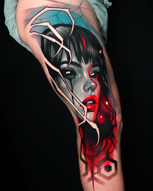 Een grootschalige full color tattoo op een been. Het ontwerp toont een duister gezicht met een fel oplichtend oranje oog, omringd door abstracte zwarte vormen en inktspatten. Onderaan is de tekst DON'T WASTE TIME verwerkt in een krachtig, grafisch lettertype. Vakmanschap van Tom van Oevelen tijdens de Sint-Niklaas Tattoo Expo.